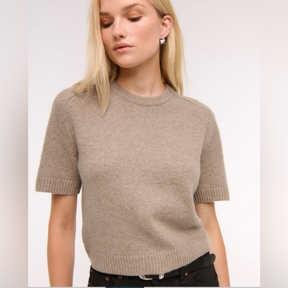 Abercrombie & Fitch Short-Sleeve Scoop Crewneck Sweater in Taupe